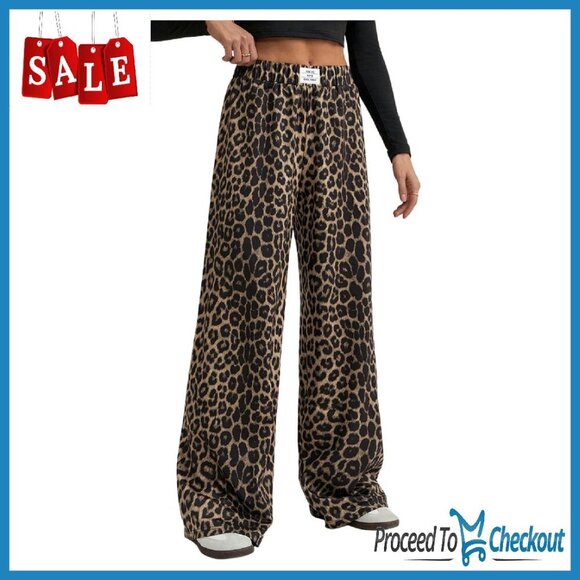 Wide Leg Pants Elastic Waist Leopard Print Casual Trousers Medium Stretch